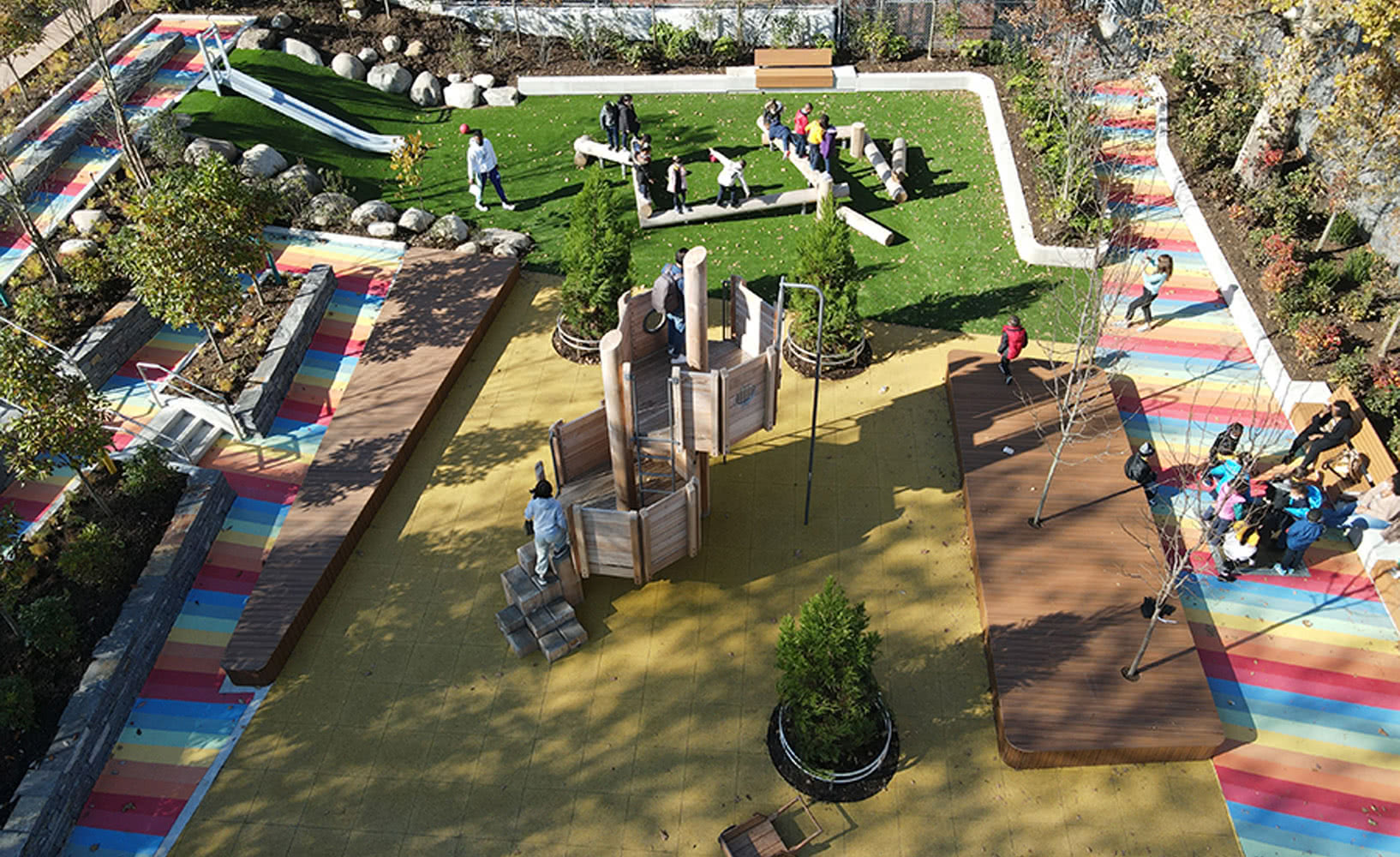 PS 16 Wakefield Playground overhead shot of kids playing
