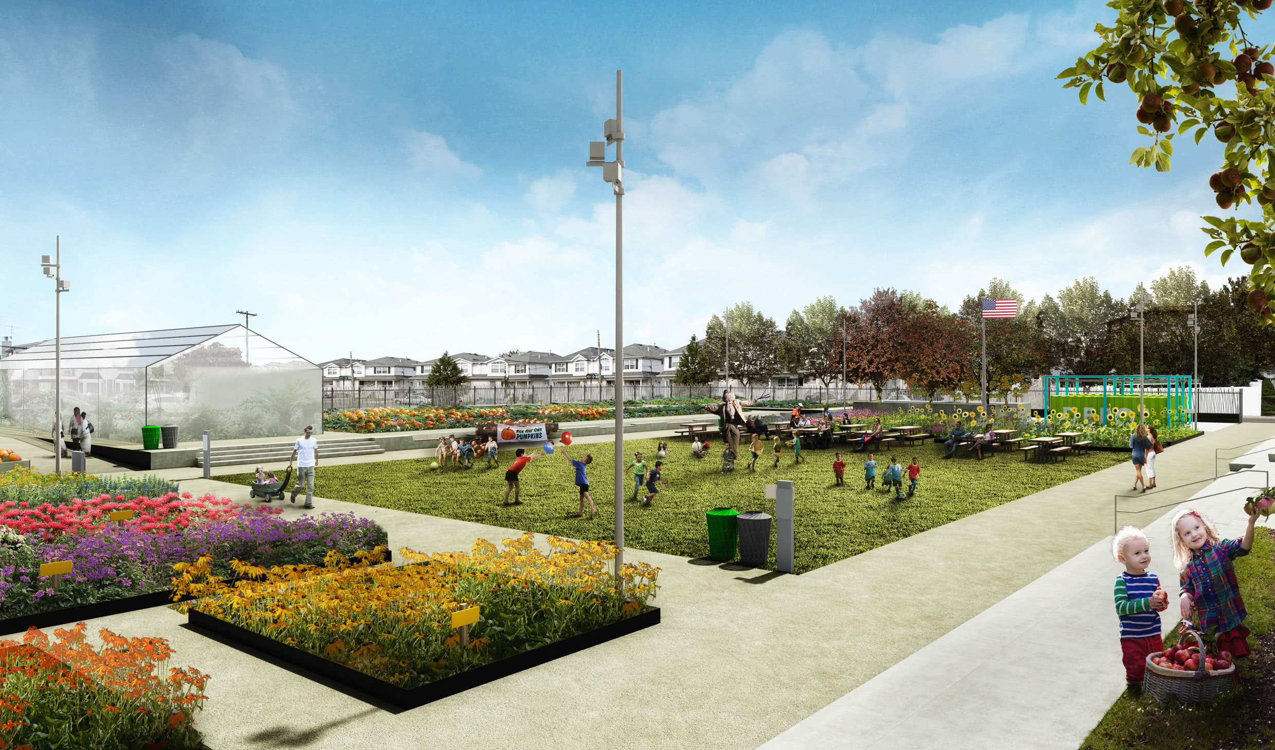 Rendering of Brooklyn Learning Garden grass and seating area
