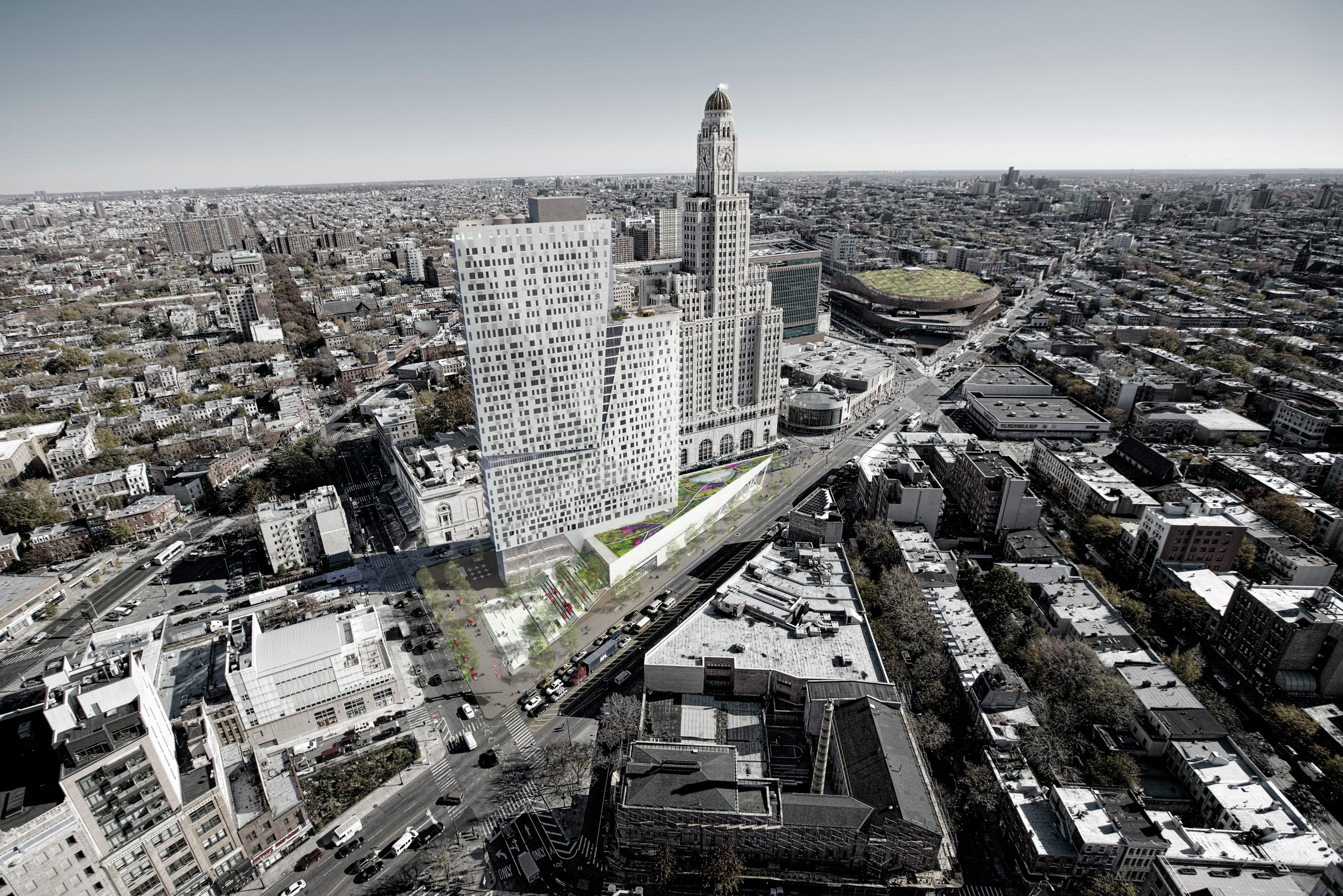 Aerial rendering of BAM Plaza