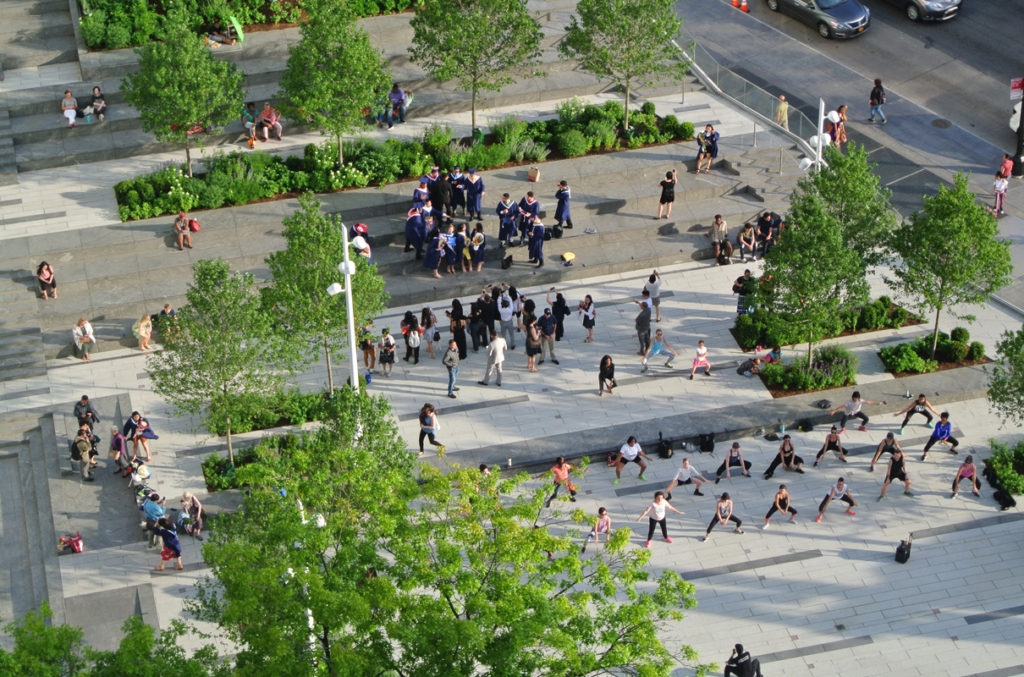 BAM Plaza closeup of people hanging out and doing exercise