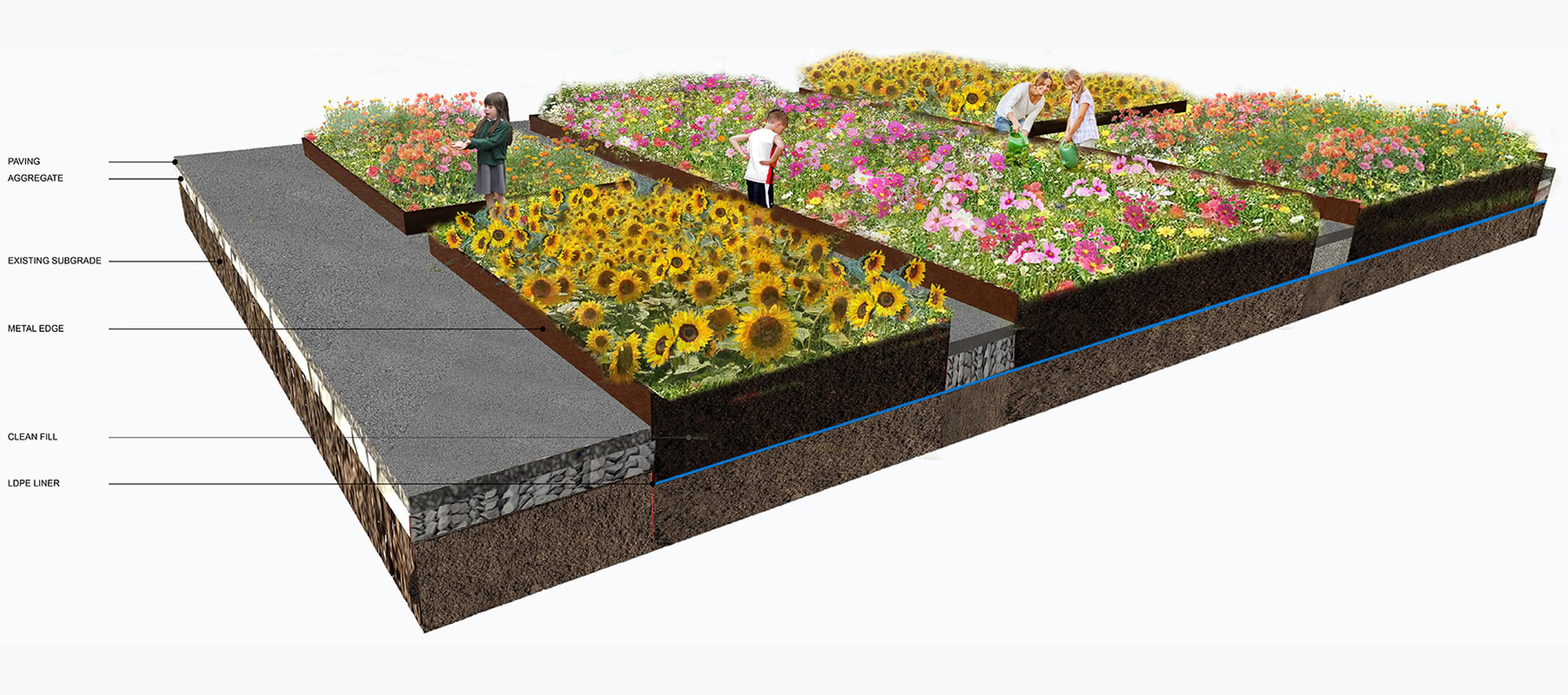 Rendering of Brooklyn Learning Garden planters/bed cutaway diagram