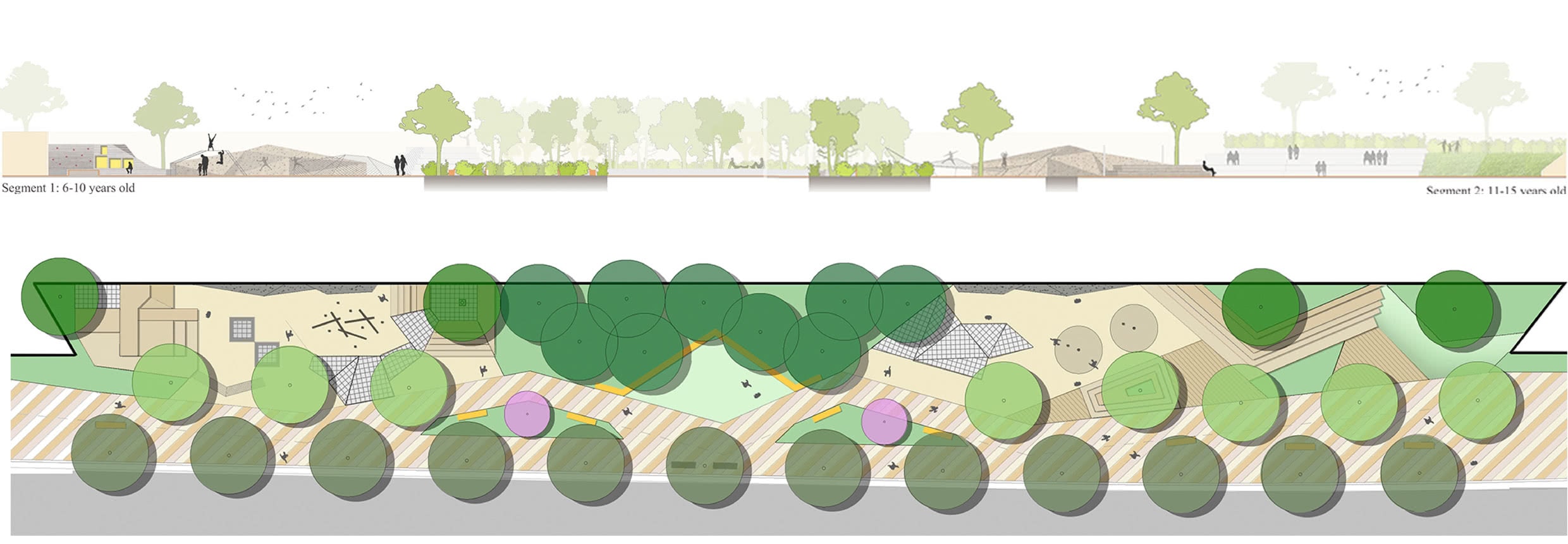 Overhead landscape diagram and side elevation of Real San Augustin street, school niche